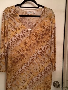 Susan Graver Yellow and Brown V-Neck Tunic with Decorative Accent